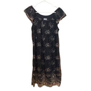 Rabbit Rabbit Designs Lace Shift Dress 10 Black Gold Excellent Flutter Sleeve